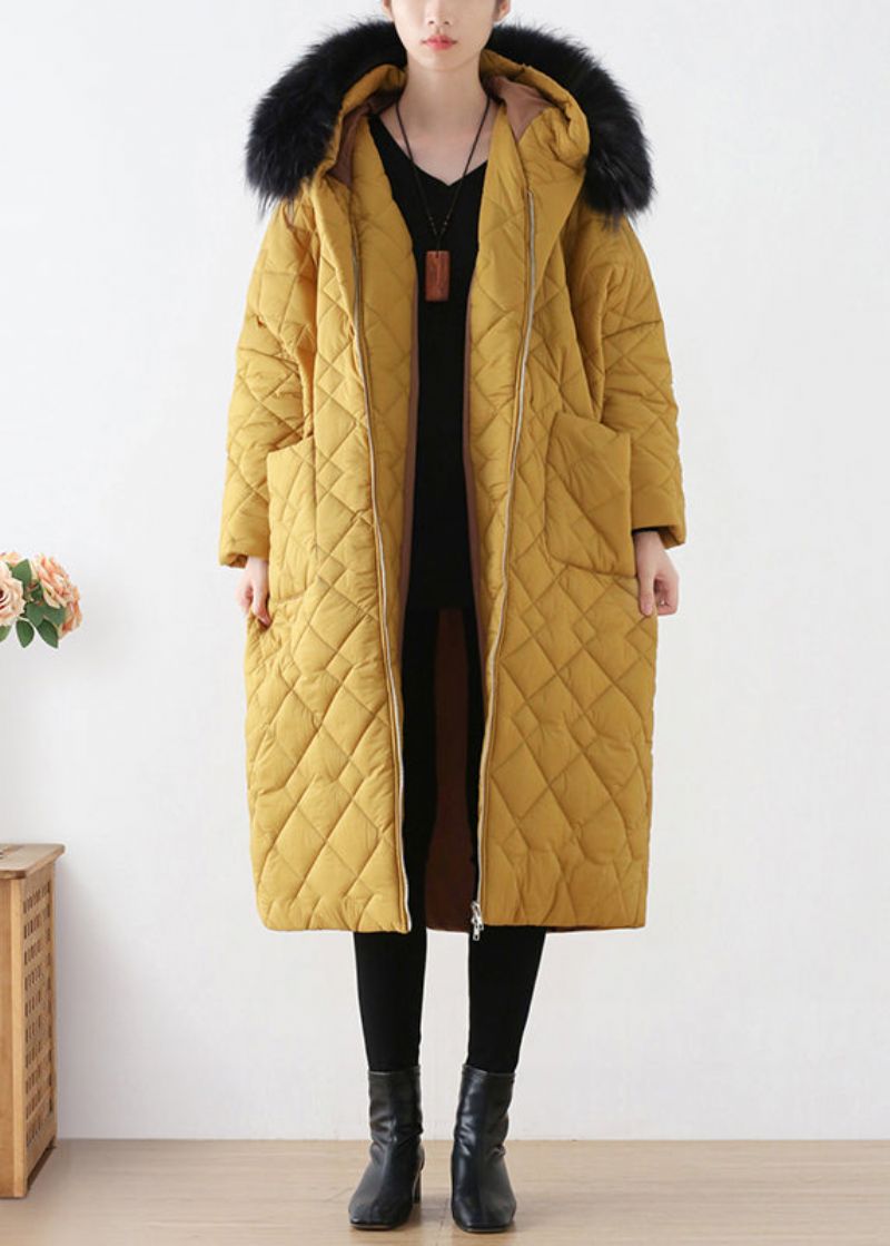 Mooie Gele Warme Lange Parka Met Capuchon En Ritssluiting Winter - Dames donsjacks