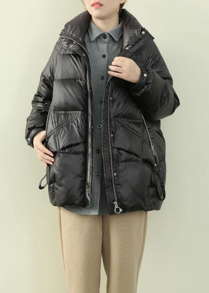 Nieuw Zwart Donsjack Dames Trendy Plus Size Winterjas Overjas Met Opstaande Kraag En Ritssluiting