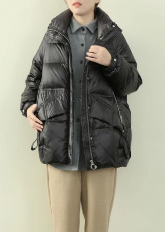 Nieuw Zwart Donsjack Dames Trendy Plus Size Winterjas Overjas Met Opstaande Kraag En Ritssluiting