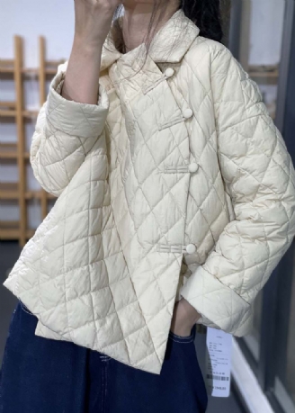 Nieuwe Beige Peter Pan Kraag Knoop Patchwork Dunne Parka Winter