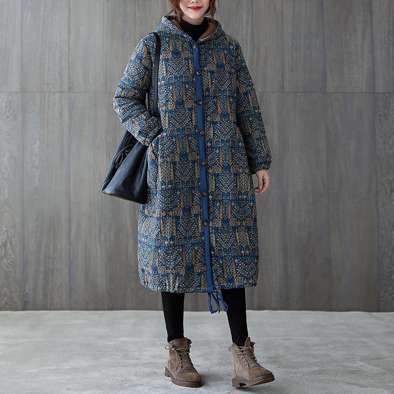 Nieuwe Casual Winterjas Winteruitloper Jas Met Trekkoord En Blauwe Print Met Capuchon - Blauw