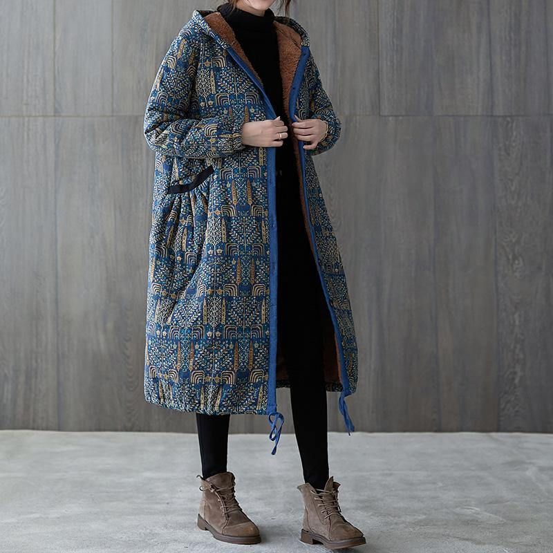 Nieuwe Casual Winterjas Winteruitloper Jas Met Trekkoord En Blauwe Print Met Capuchon - Blauw