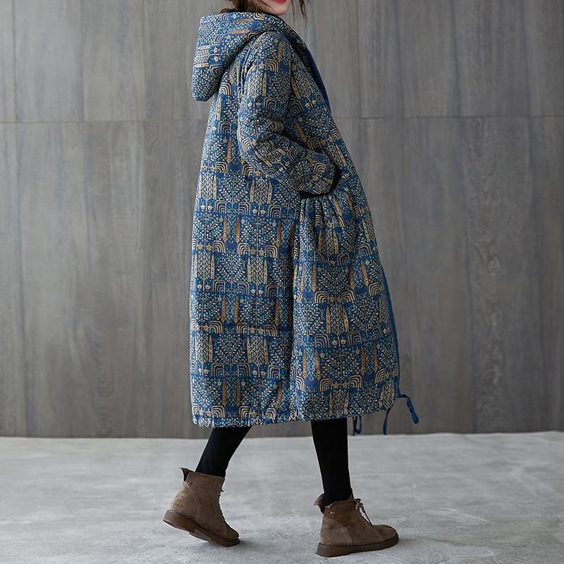 Nieuwe Casual Winterjas Winteruitloper Jas Met Trekkoord En Blauwe Print Met Capuchon - Blauw