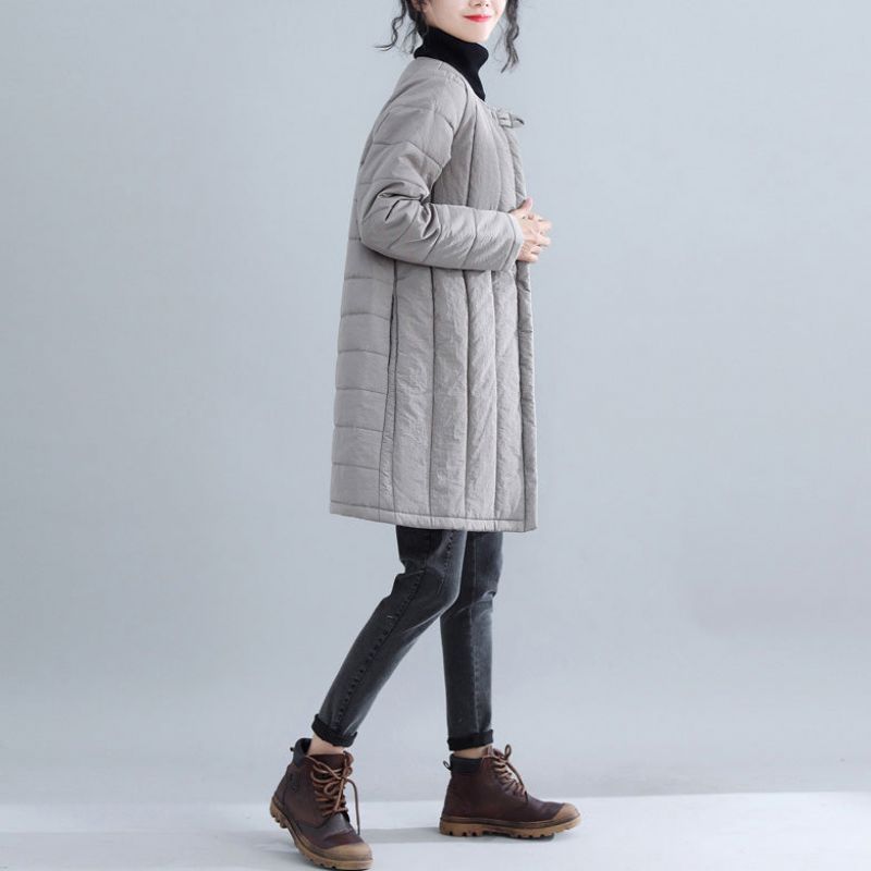 Nieuwe Grijze Parka's Loszittende Sneeuwjassen Met O-hals Elegante Winteroutwear Met Chinese Knopen - Dames donsjacks