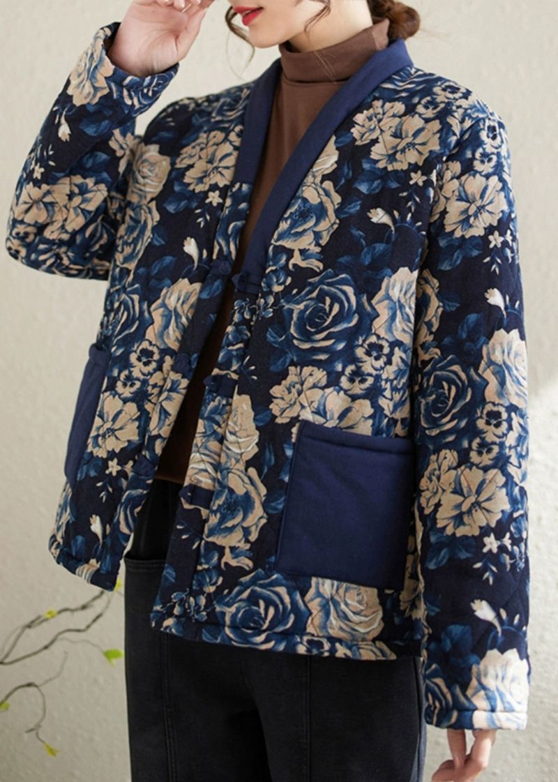 Nieuwe Marineblauwe V-hals Print Zakken Warme Fleece Parka Winter