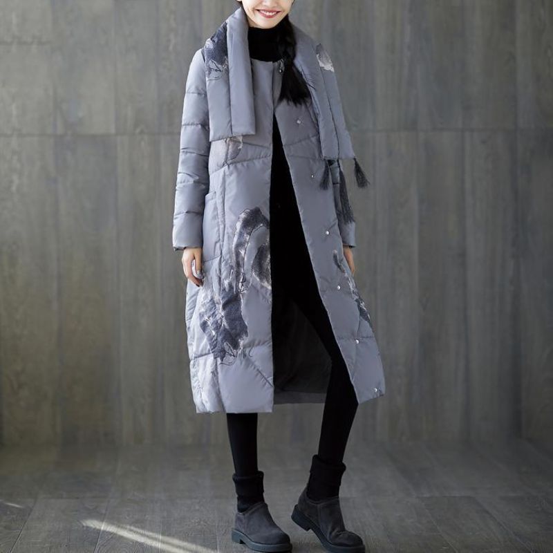 Nieuwe Winterdonsjas Met Grijze Print Oversized Kwastje. Donsjas Met Zakken - Dames donsjacks