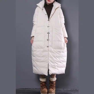 Nieuwe Witte Winter Oversized Donsjas Met Capuchon Fijne Trenchcoat Met Grote Zakken