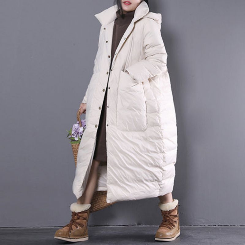 Nieuwe Witte Winter Oversized Donsjas Met Capuchon Fijne Trenchcoat Met Grote Zakken - Dames donsjacks