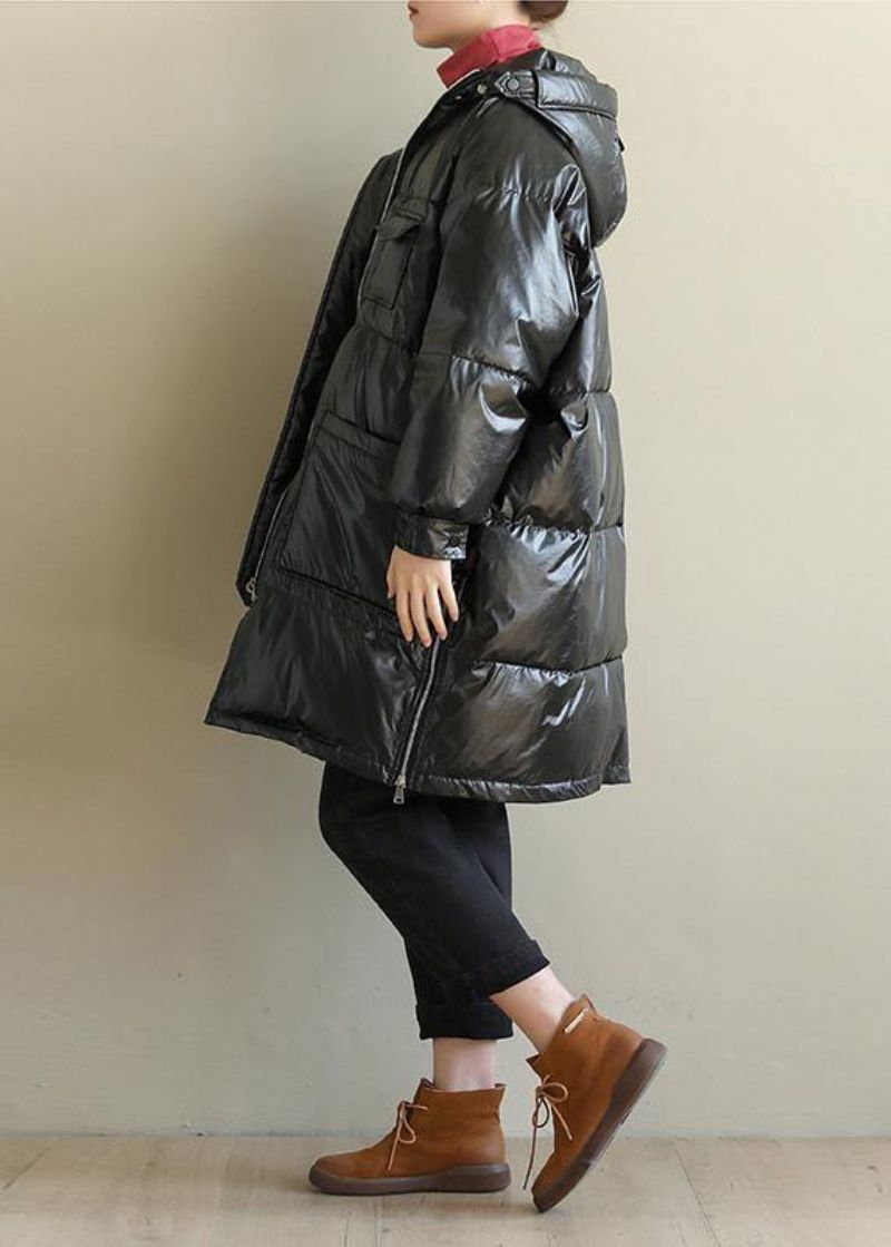 Nieuwe Zwarte Overjas Oversized Sneeuwjassen Jassen Met Capuchon En Ritssluiting - Dames donsjacks