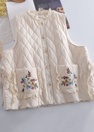 Organisch Beige Geborduurd Gegolfd Patchwork Gilet Met Stropdas In De Taille Winter