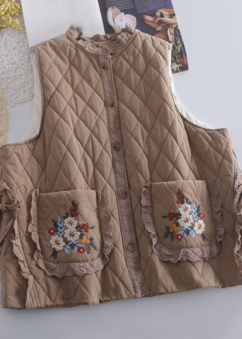 Organisch Beige Geborduurd Gegolfd Patchwork Gilet Met Stropdas In De Taille Winter - Beige