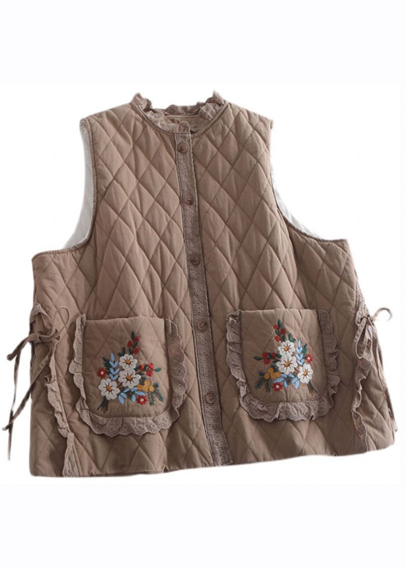 Organisch Beige Geborduurd Gegolfd Patchwork Gilet Met Stropdas In De Taille Winter - Beige