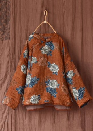 Originele Oranje Print Opstaande Kraag Patchwork Fijn Katoen Gevulde Jassen Winter