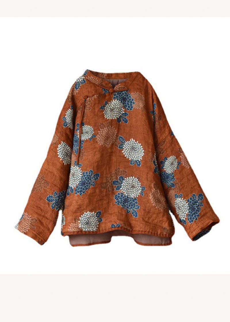 Originele Oranje Print Opstaande Kraag Patchwork Fijn Katoen Gevulde Jassen Winter - Dames donsjacks