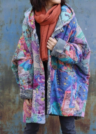 Overjas Met Paarse Prints Oversized Warme Winterjas Patchwork Met Capuchon