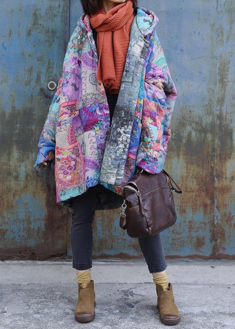 Overjas Met Paarse Prints Oversized Warme Winterjas Patchwork Met Capuchon - Paars