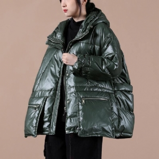 Oversized Winterjas Voor Dames Zwartachtig Groen Donsjas Met Capuchon En Ritssluiting