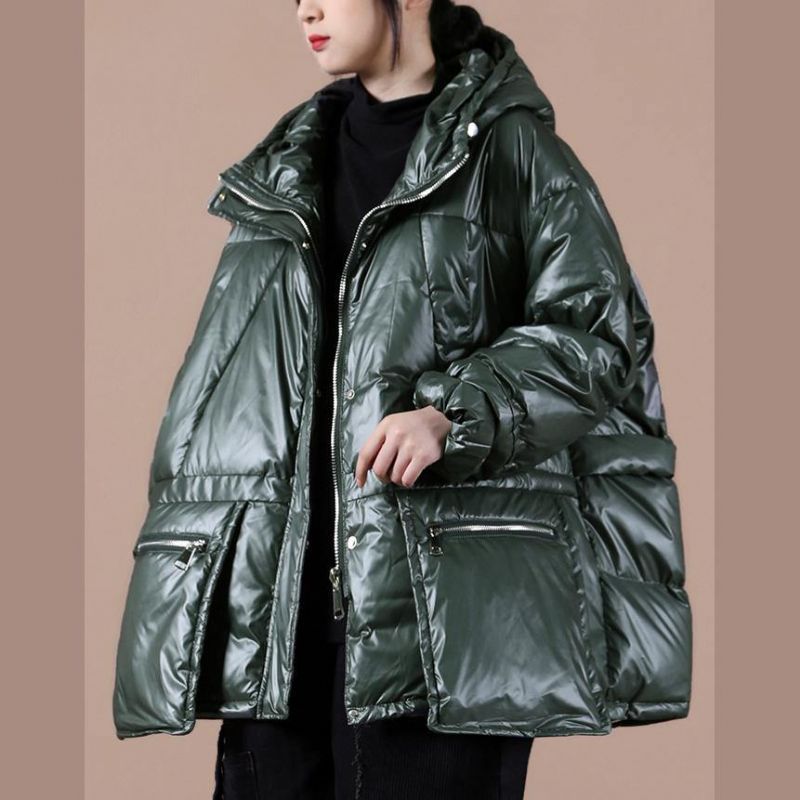 Oversized Winterjas Voor Dames Zwartachtig Groen Donsjas Met Capuchon En Ritssluiting - Zwart