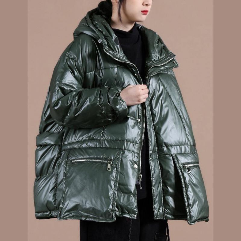 Oversized Winterjas Voor Dames Zwartachtig Groen Donsjas Met Capuchon En Ritssluiting - Zwart