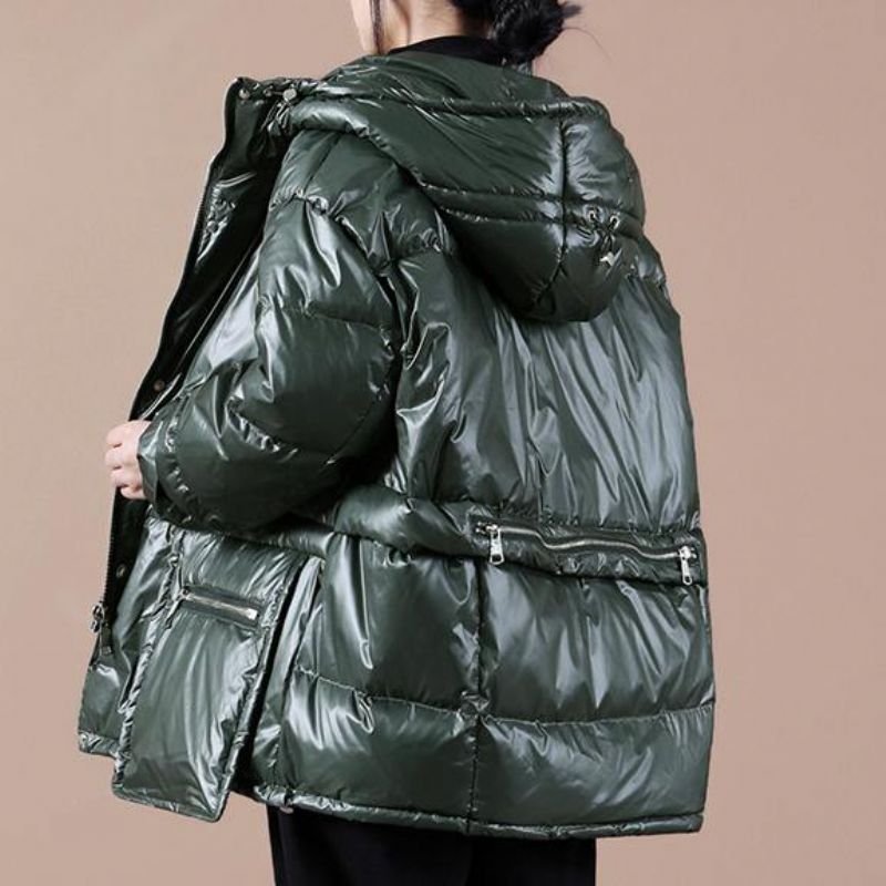 Oversized Winterjas Voor Dames Zwartachtig Groen Donsjas Met Capuchon En Ritssluiting - Zwart