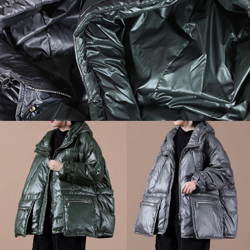 Oversized Winterjas Voor Dames Zwartachtig Groen Donsjas Met Capuchon En Ritssluiting - Zwart