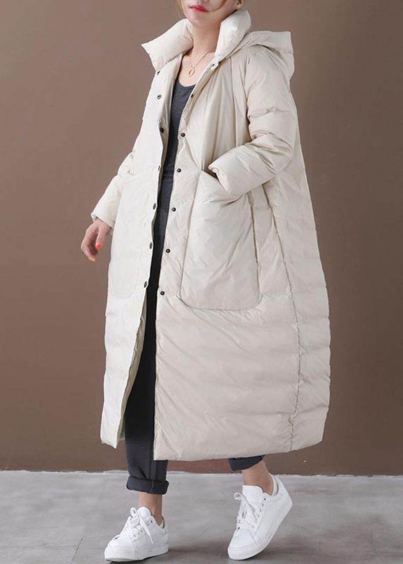 Oversized Winterjassen Voor Dames Beige Zakken Met Capuchon Warme Winterjas - Wit