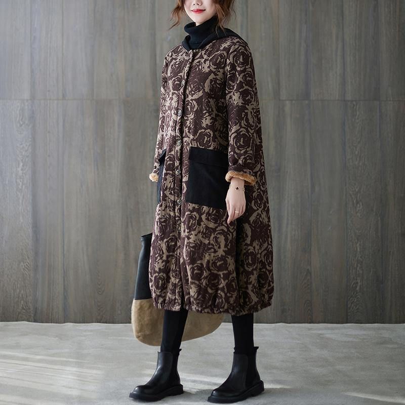 Oversized Winterjassen Voor Dames Jassen Met Chocoladeprint En Zakken Met Capuchon - Blauw