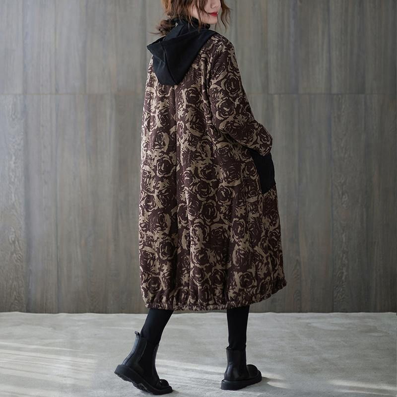 Oversized Winterjassen Voor Dames Jassen Met Chocoladeprint En Zakken Met Capuchon - Blauw