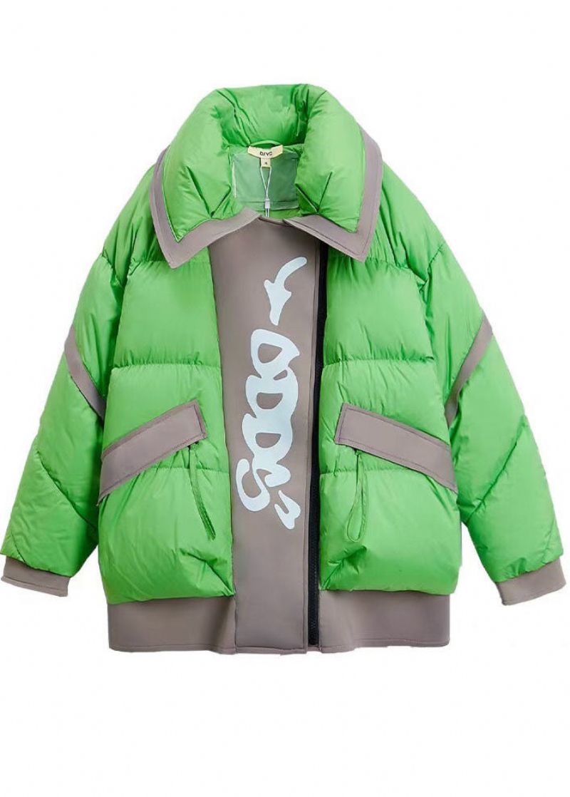 Plus Maat Groene Peter Pan Kraag Patchwork Eendendons Puffers Jassen Winter - Groen