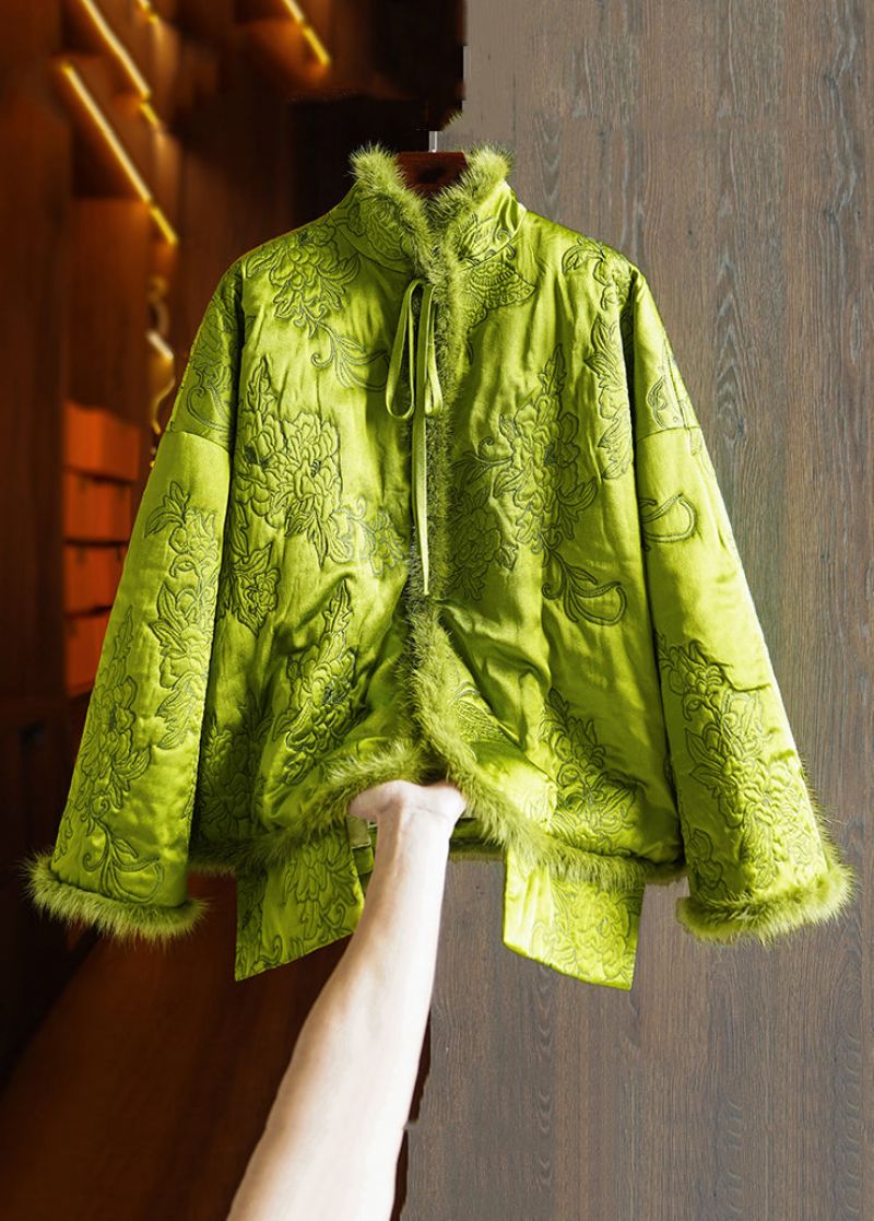 Plus Maat Groene Vetersluiting Nertsenhaar Patchwork Zijden Parka Winter