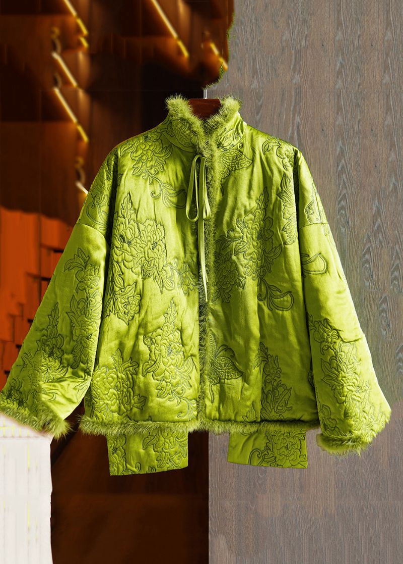 Plus Maat Groene Vetersluiting Nertsenhaar Patchwork Zijden Parka Winter - Dames donsjacks