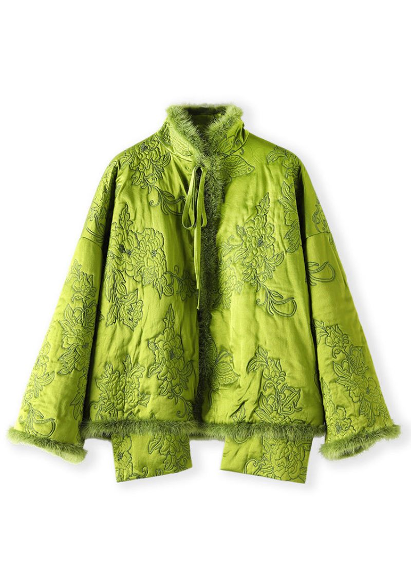 Plus Maat Groene Vetersluiting Nertsenhaar Patchwork Zijden Parka Winter - Dames donsjacks