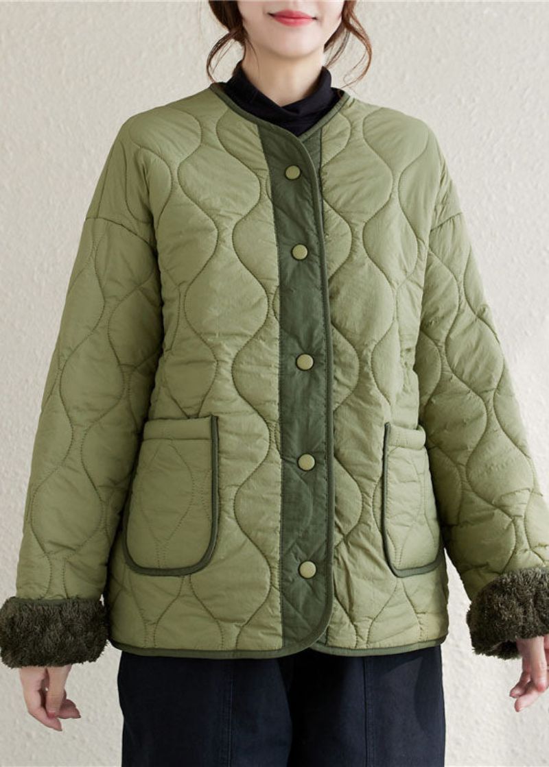 Plus Maat Legergroen O-hals Patchwork Zakken Knoop Fleece Wol Gevoerde Parka Winter - Dames donsjacks