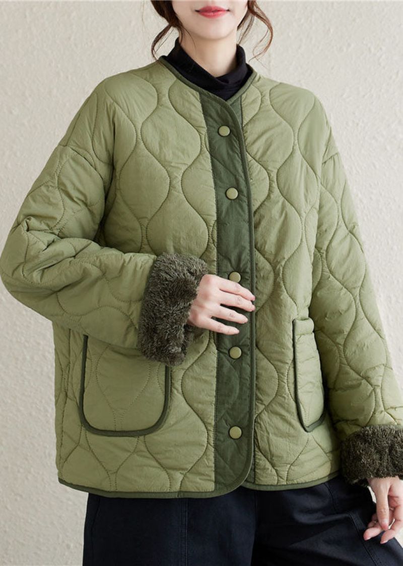 Plus Maat Legergroen O-hals Patchwork Zakken Knoop Fleece Wol Gevoerde Parka Winter - Dames donsjacks