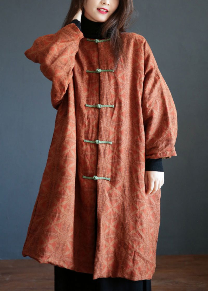 Plus Maat Oranje Opstaande Kraag Print Knoop Warme Fleece Linnen Parkat Winter - Dames donsjacks