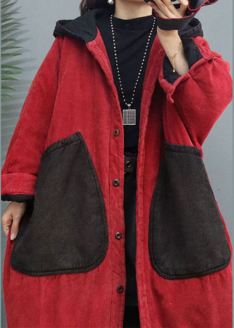 Plus Maat Rode Patchwork Corduroy Winterjassen Met Capuchon Winter - Rood