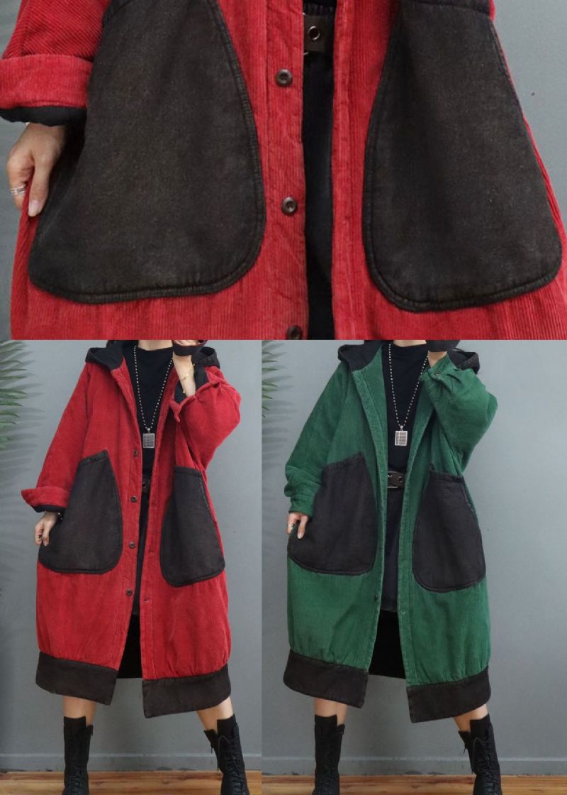 Plus Maat Rode Patchwork Corduroy Winterjassen Met Capuchon Winter - Rood