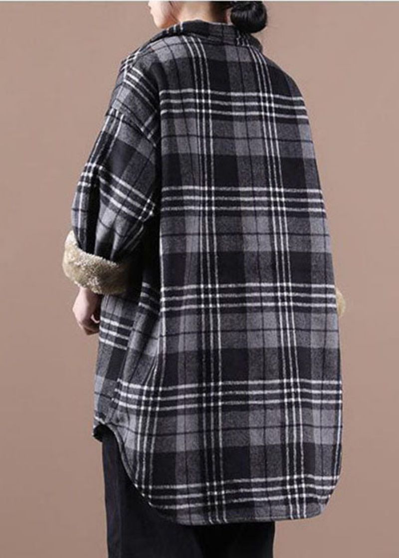 Plus Maat Zwarte Asymmetrische Geruite Fleece Wol Gevoerde Jassen Winter - Zwart