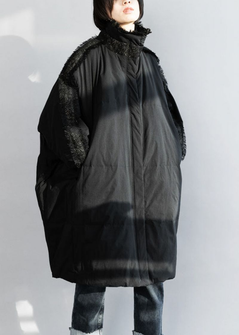 Plus Maat Zwarte Oversized Eendendonsjas Met Rits En Kwastje Winter