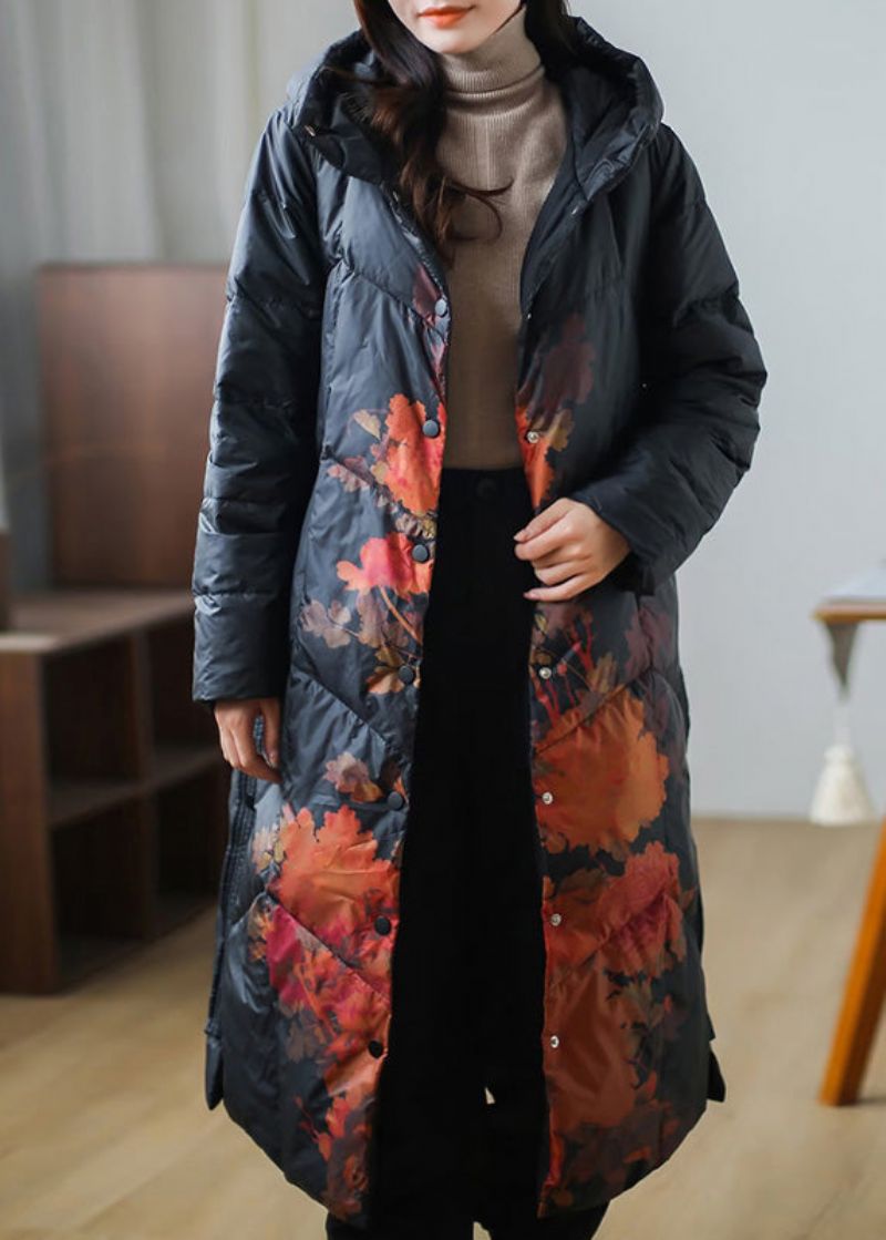 Plus Maat Zwarte Print Warme Fleece Dikke Eendendons Lange Donsjas Winter