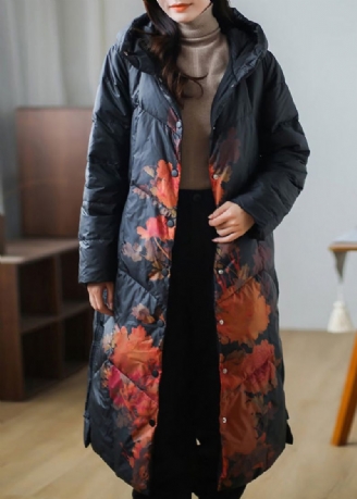 Plus Maat Zwarte Print Warme Fleece Dikke Eendendons Lange Donsjas Winter