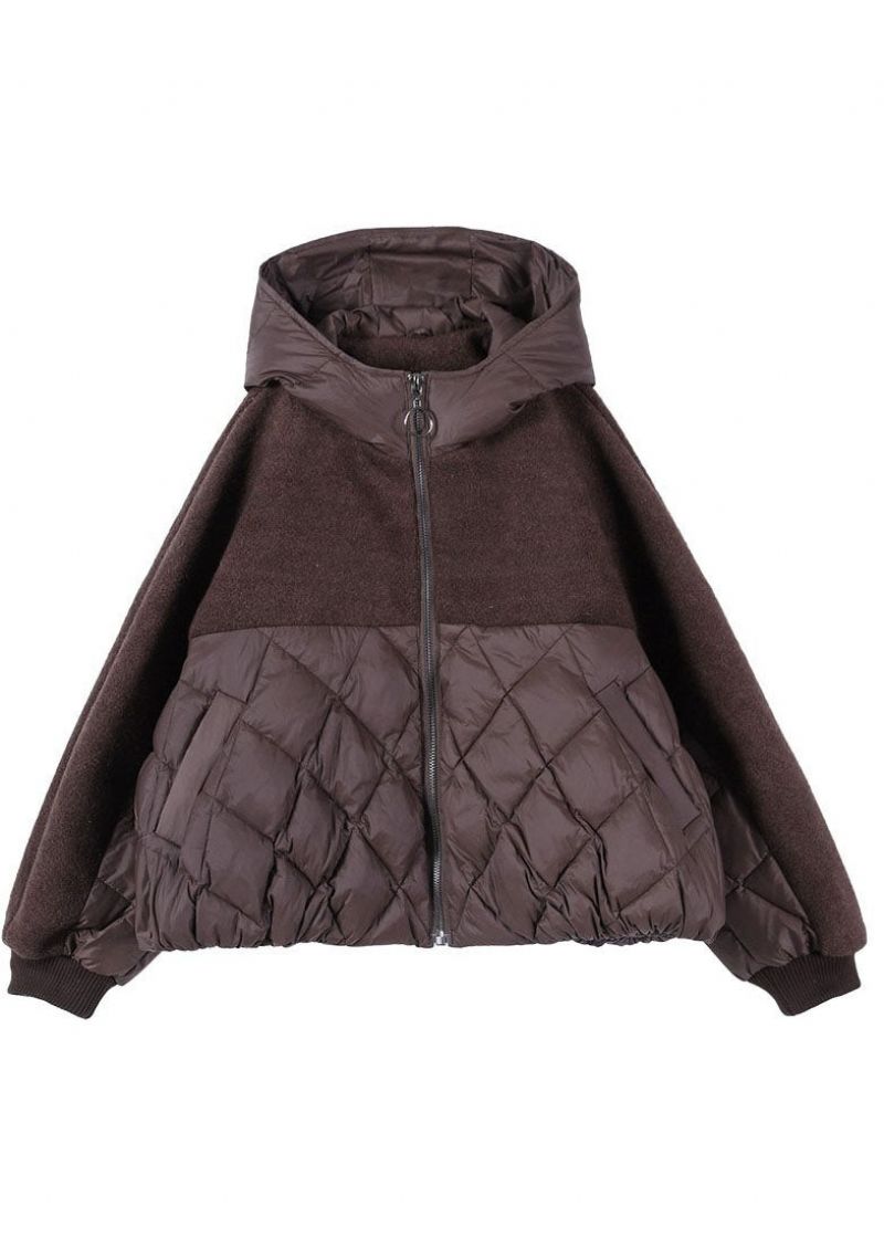 Plus Size Chocoladekleurige Patchwork Eendendons Winterdonsjas Met Capuchon - Koffie