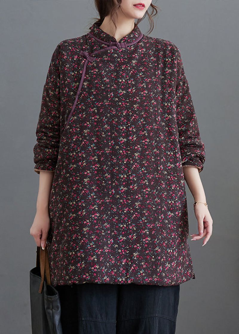 Plus Size Vintage Paarse Print Opstaande Kraag Fijn Katoen Gevulde Top Winter