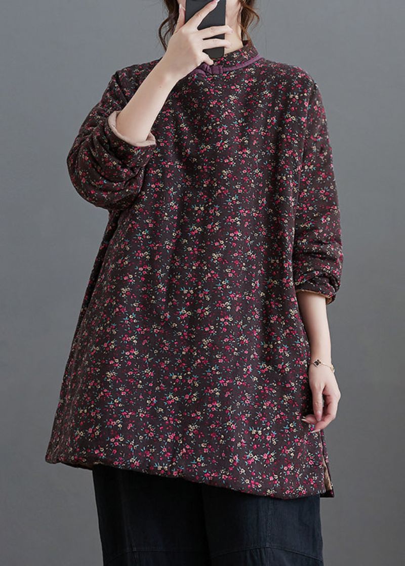 Plus Size Vintage Paarse Print Opstaande Kraag Fijn Katoen Gevulde Top Winter - Dames donsjacks