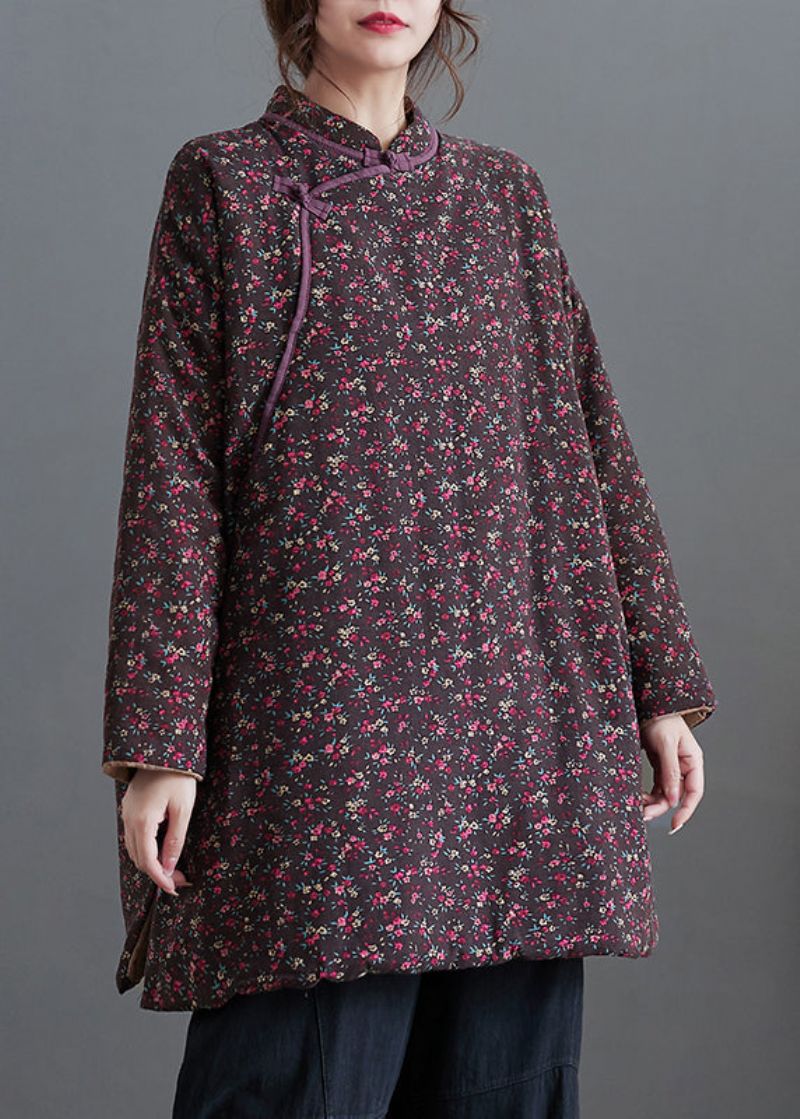 Plus Size Vintage Paarse Print Opstaande Kraag Fijn Katoen Gevulde Top Winter - Dames donsjacks