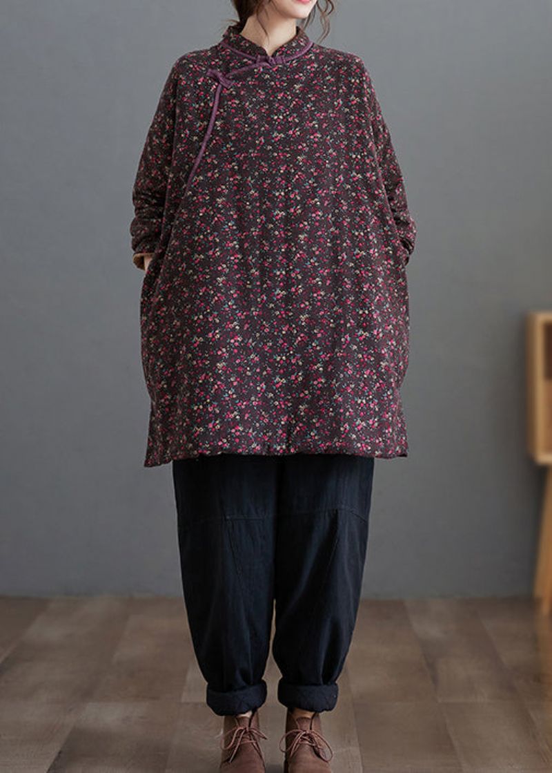 Plus Size Vintage Paarse Print Opstaande Kraag Fijn Katoen Gevulde Top Winter - Dames donsjacks