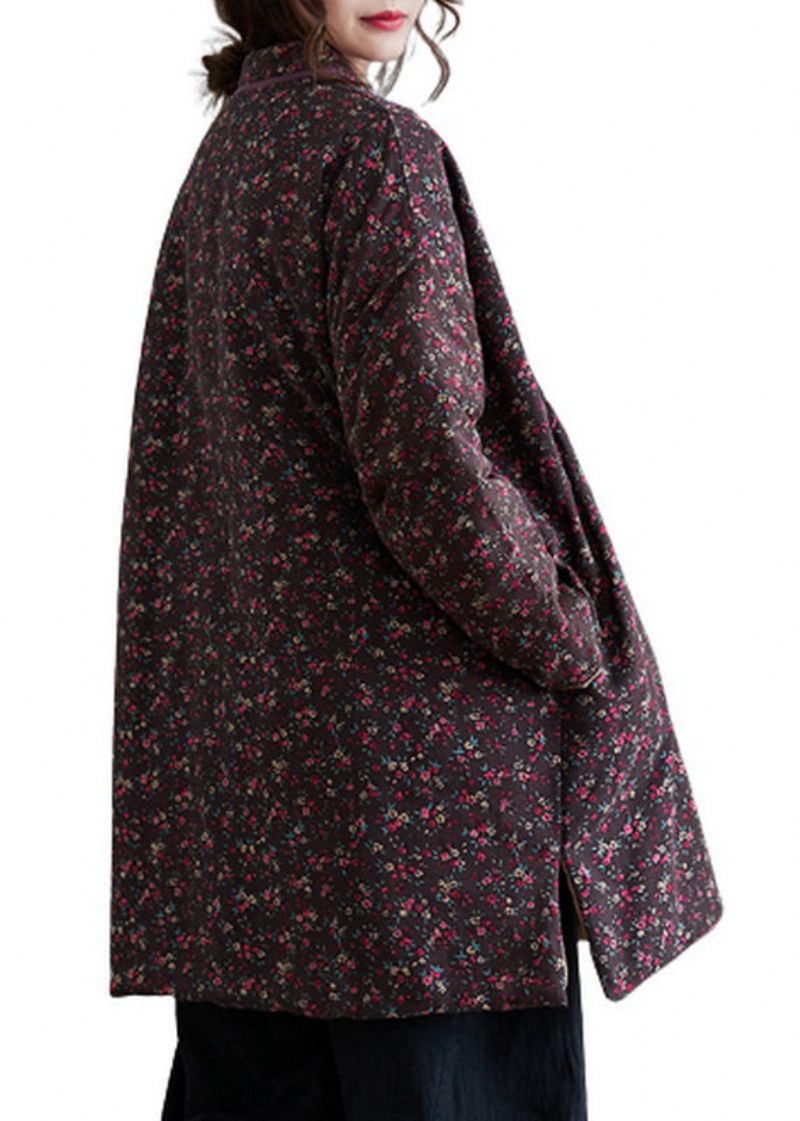 Plus Size Vintage Paarse Print Opstaande Kraag Fijn Katoen Gevulde Top Winter - Dames donsjacks