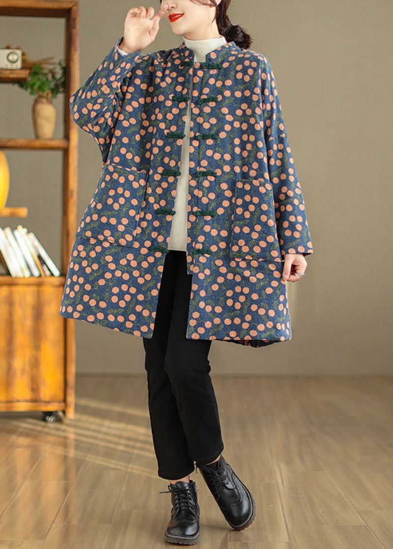 Plus Size Vintage Print Zakken Chinese Knoop Fijne Katoenen Gevulde Jas Winter