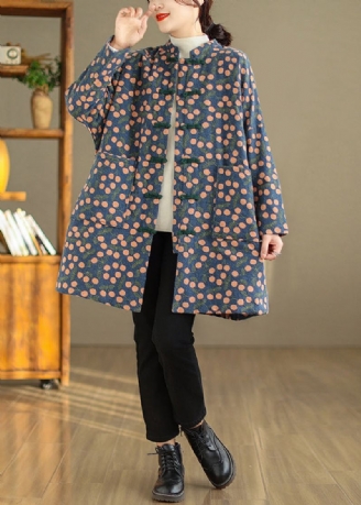 Plus Size Vintage Print Zakken Chinese Knoop Fijne Katoenen Gevulde Jas Winter