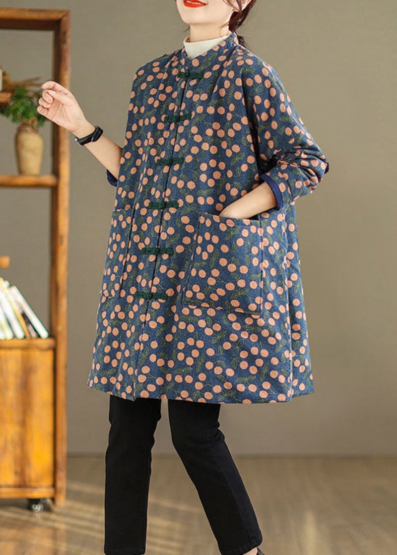 Plus Size Vintage Print Zakken Chinese Knoop Fijne Katoenen Gevulde Jas Winter - Dames donsjacks